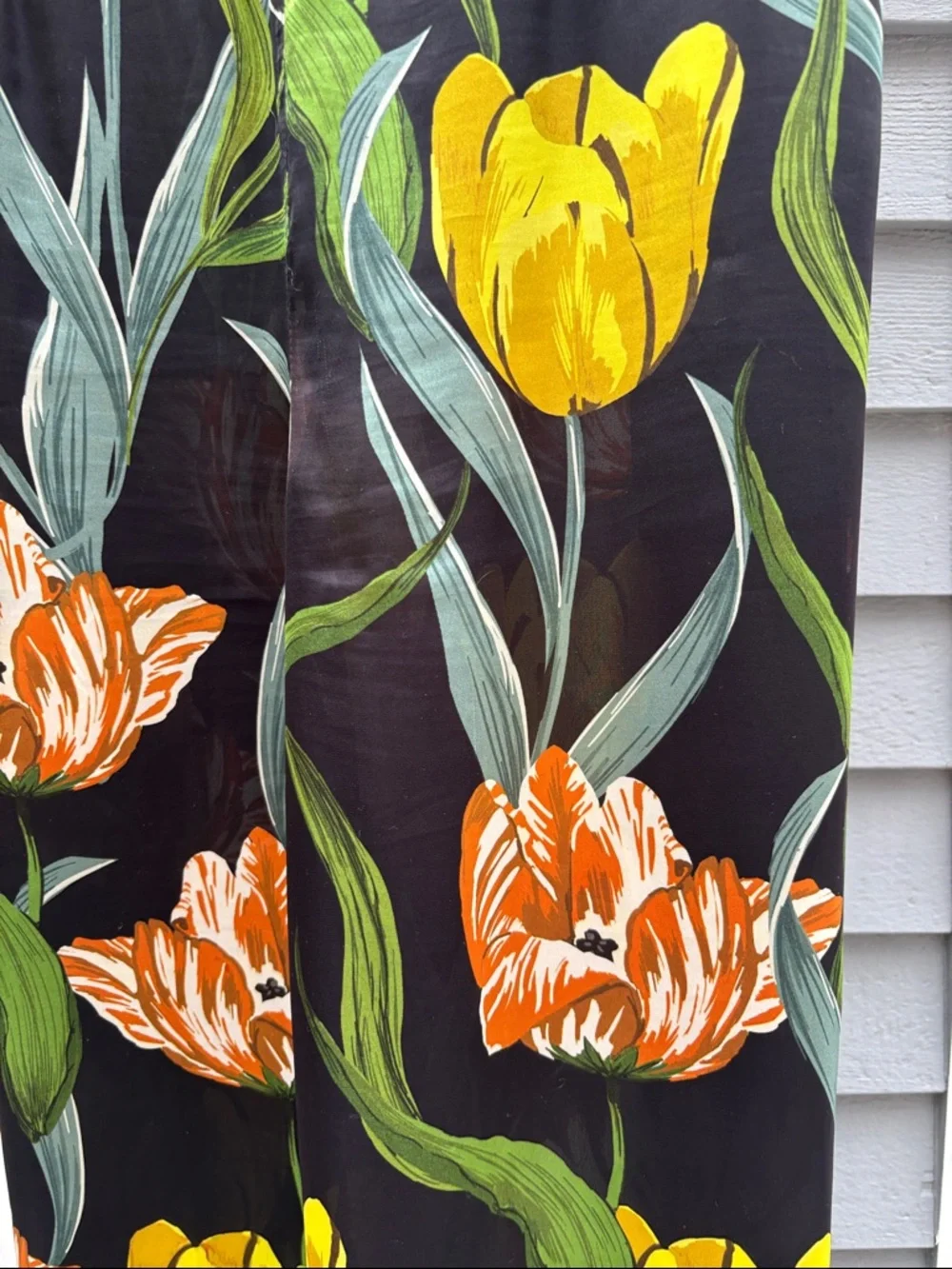 Black Floral Wide-Leg Pants with Yellow & Orange Tulips - Picture 2 of 10